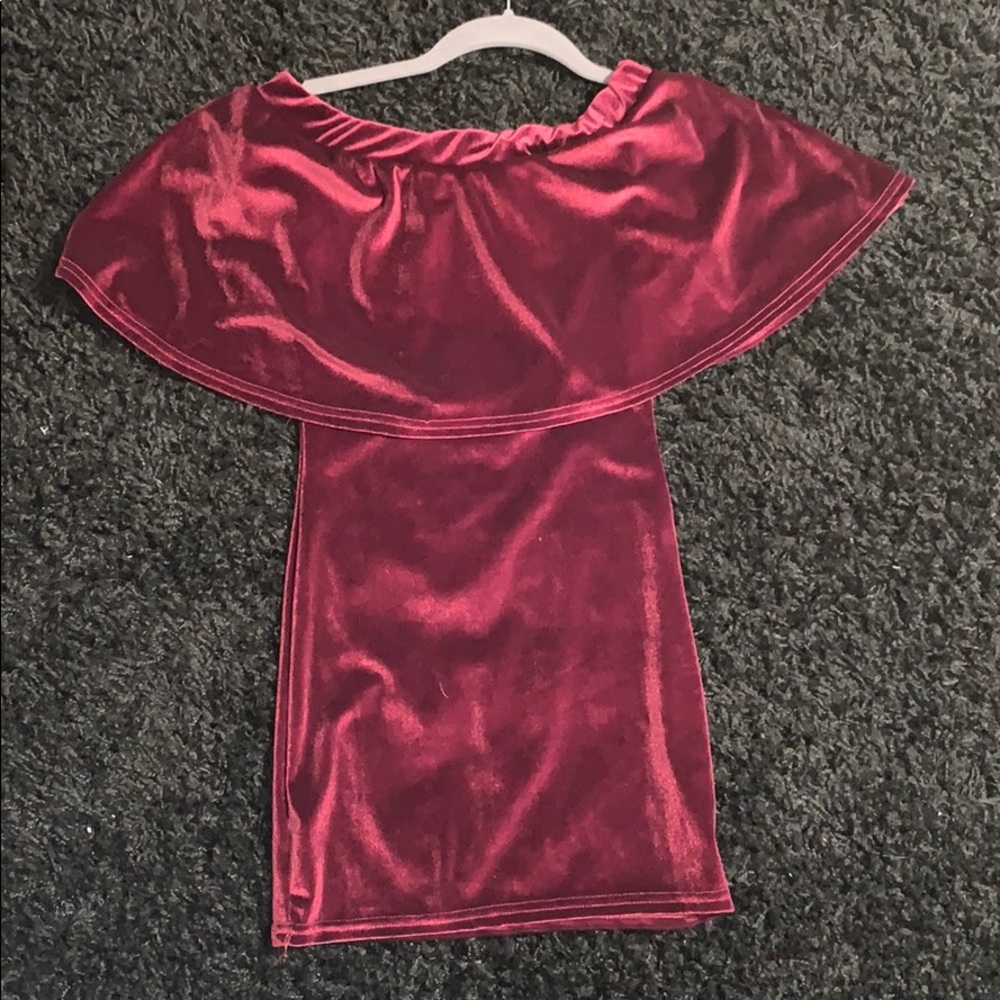 Burgundy velvet off the shoulder dress